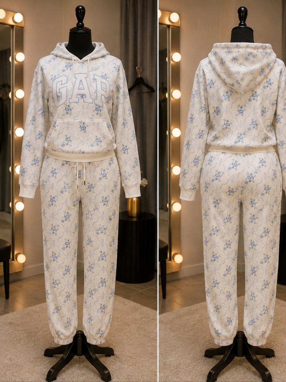 GAP Kids Cream Hoodie Pajama Set with Blue Floral Print